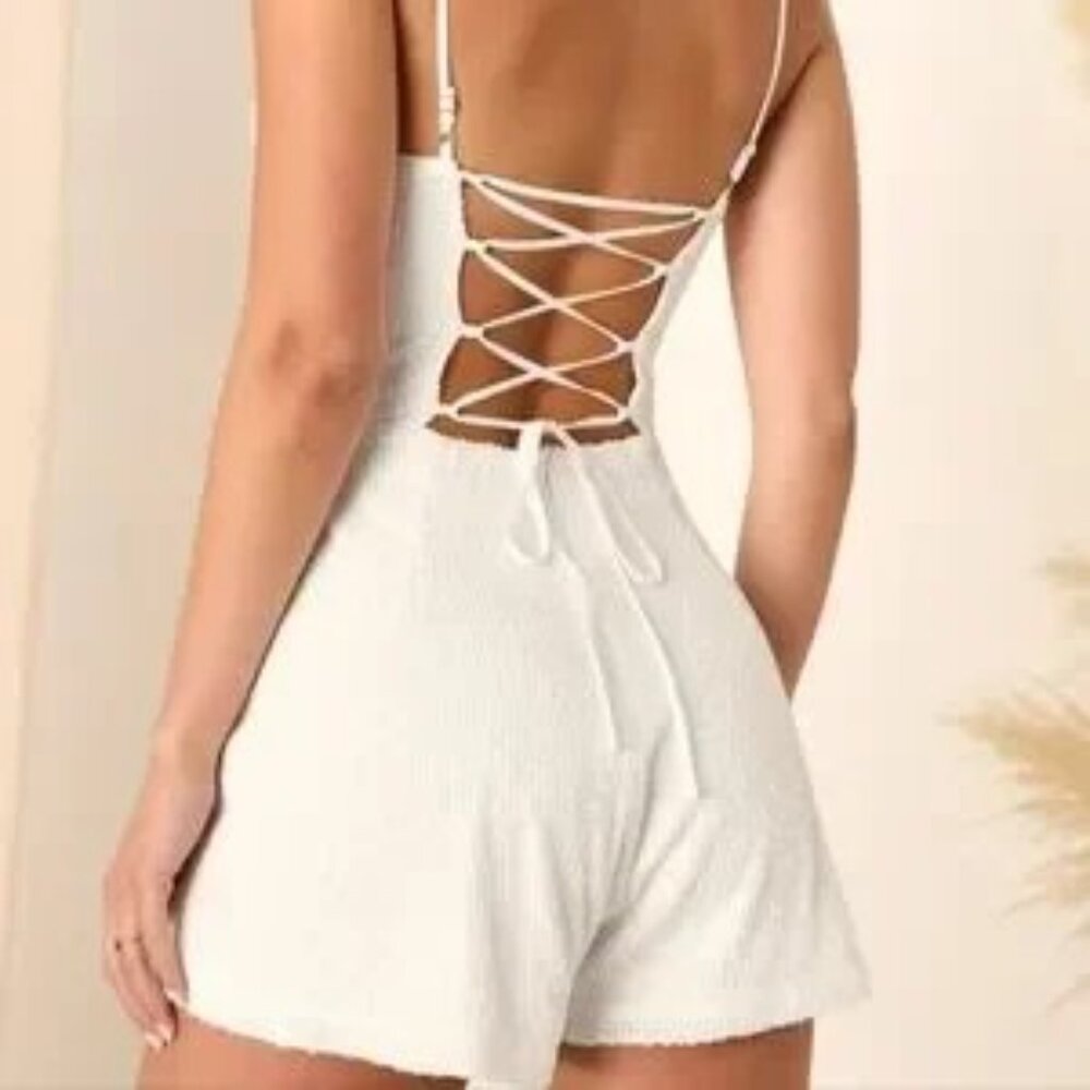 EUC Lulu's White Sequin Lace up Back Romper Size Medium - Picture 3 of 8